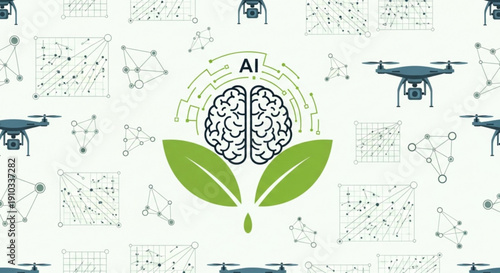 Artificial intelligence brain with green leaves and drones background