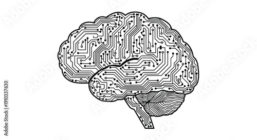 A human brain depicted with intricate circuit board patterns in black and white