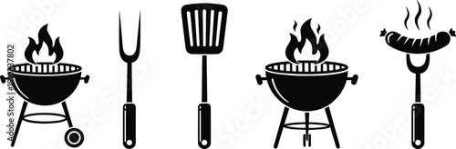 Flat vector illustration of barbecue grill icons, cooking tools, meat fork, spatula, sausage, outdoor food preparation design for summer activities