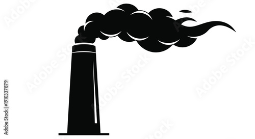 Black silhouette of a factory smokestack releasing dark smoke plumes