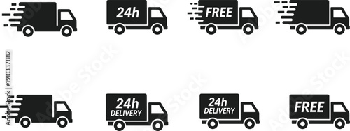 Flat vector illustration of delivery truck icons, express shipping, free service, 24h fast logistics, e-commerce transportation design for business