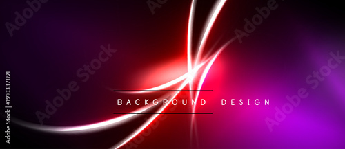 Abstract neon lights create dynamic curves, vibrant red center, purple gradients. Dark background emphasizes glowing lines, modern design element.