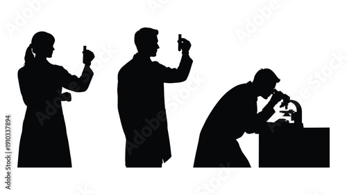 Three figures engaged in different activities, depicted in silhouette. isolated on white background, Vector