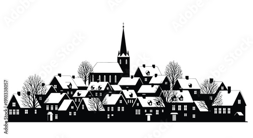 Black and white illustration of a quaint european town skyline with a church