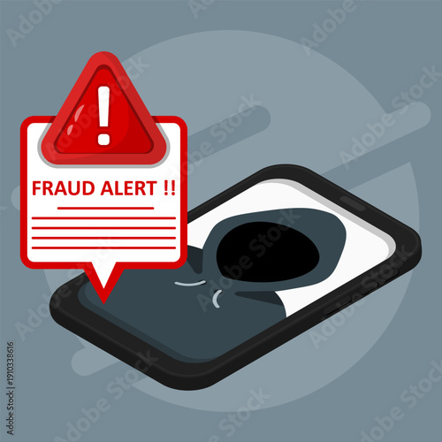 Mobile fraud alert concept showing a smartphone targeted by a scam warning message. Cybercrime, phishing attack, hacker attack, and digital fraud detection.