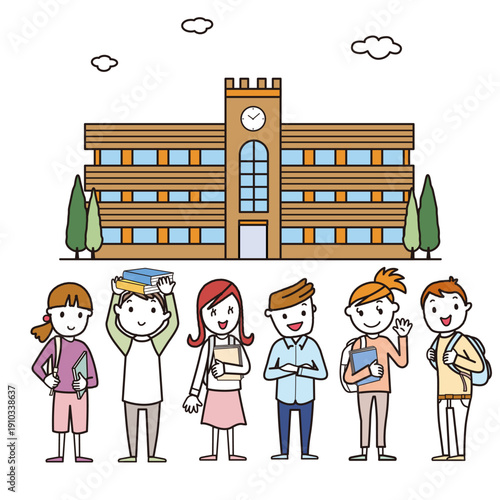 大学の校舎の前に立って一列に並んでいる男女の大学生