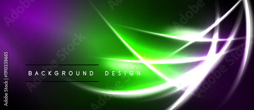 Vibrant abstract background. Green, purple hues blend with bright white lines creating dynamic visual effect. Modern design element.