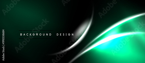 Dark green background features bright neon curves. Modern abstract design with silver lines. Minimalist aesthetic, suitable for digital projects.