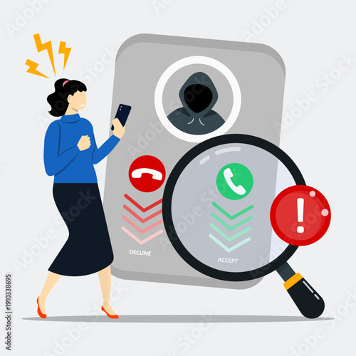 Phone scam alert concept showing a woman stressed of suspicious incoming call. Phishing attack, cybercrime, and mobile security risks.