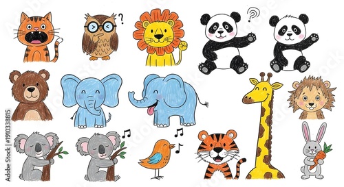 Colorful cartoon animals in a playful arrangement