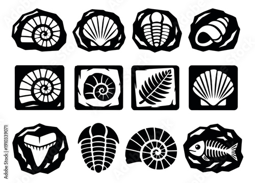 Graphic fossil icon set featuring ammonites, trilobites, shark tooth, marine shells, and plant impressions for science education