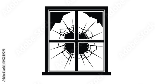 A black and white illustration of a broken window with fractured glass