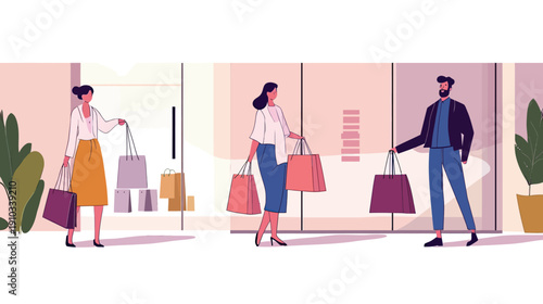 Three diverse shoppers carrying multiple shopping bags outside retail store windows during daytime sale event in urban setting flat vector illustration