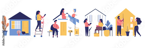 Diverse people interacting with houses and apartments in minimalist real estate search and property selection concept vector illustration