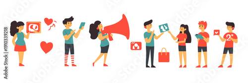 Diverse young people using social media devices sharing content with icons of likes hearts messages and a woman with megaphone spreading digital communication