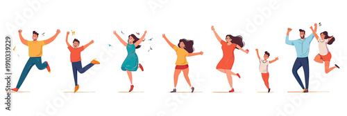 Happy diverse family jumping and dancing energetic outdoor celebration joyful parents and children expressing freedom and fun flat cartoon vector illustration