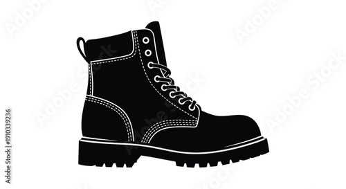 Black and white illustration of a single combat boot with laces