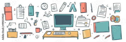 Hand drawn office workspace illustration with computer monitor keyboard mouse stationery books documents clock and pens in sketch style vector drawing