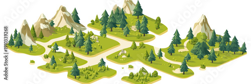 Isometric forest landscape with mountain ranges pine trees hiking paths and rocky terrain minimalist flat vector illustration