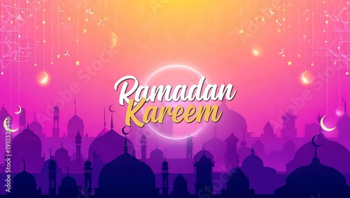 Vibrant Purple and Pink Ramadan Kareem Greeting Background with Mosque Silhouette Skyline, Glowing Circular Halo, Hanging Lantern Ornaments, and Crescent Moons for Islamic Festivals