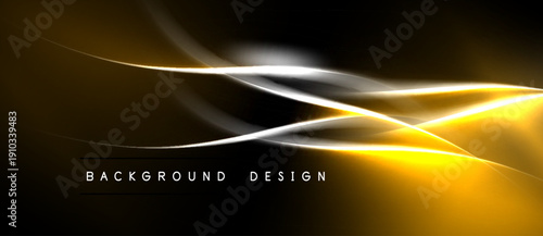 Abstract golden lines over black background. Modern design element, dynamic curves create visual interest. Simple text labels bottom center.