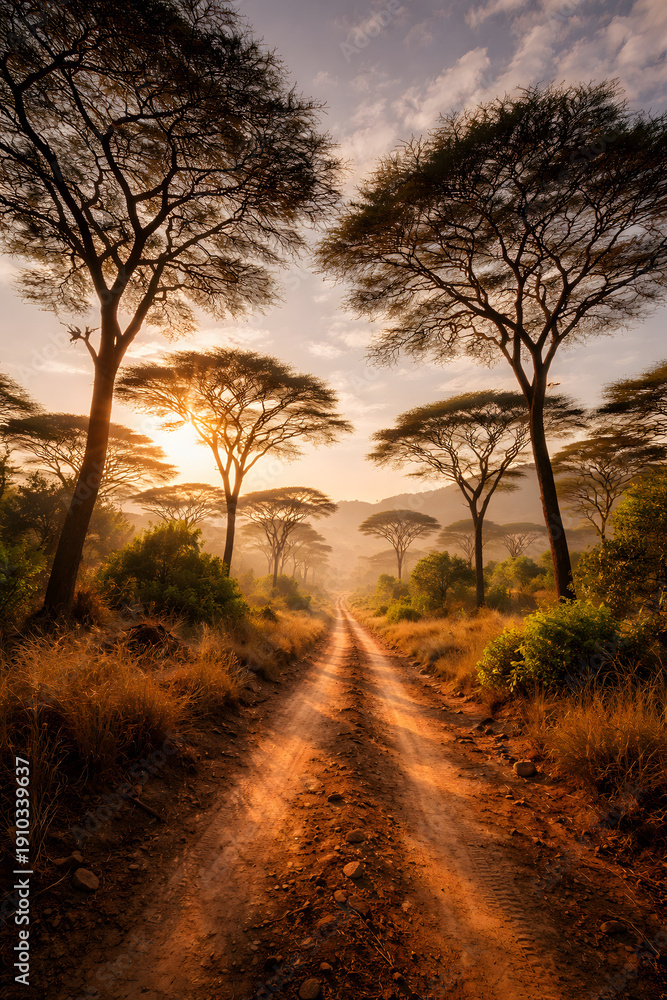 Obraz premium Savanna woodland transition zone with tall acacia canopy and warm sunrise in dry season