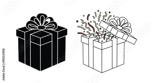 A closed gift box and an open gift with confetti in black and white