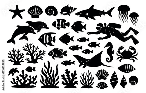 Silhouette marine life set featuring various sea creatures, a diver, corals, and shells for ocean themed designs
