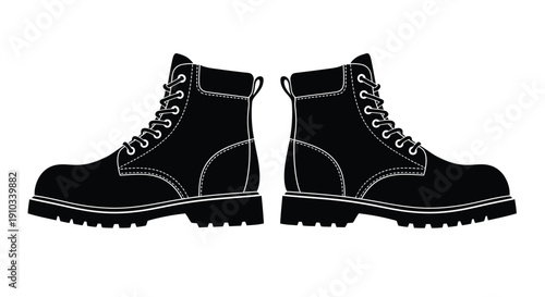 Black and white illustration of a pair of combat boots facing forward