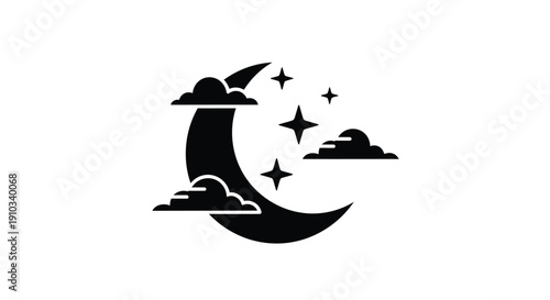 Stylized black silhouette of a crescent moon with clouds and stars