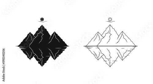 Mountain landscape mirrored in water depicted in black and white styles