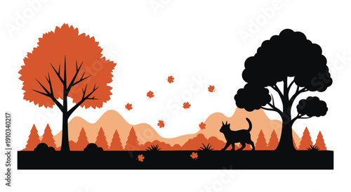 Autumn scene depicting a black cat walking beneath trees and falling leaves