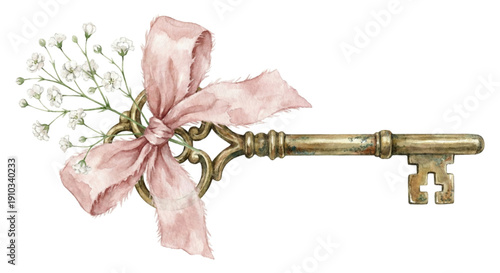Watercolor illustration, ornate antique brass skeleton key tied with a frayed blush pink silk ribbon and a small sprig of baby's breath, romantic vintage aesthetic, isolated on white background