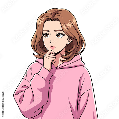 Anime girl in pink hoodie thinking with hand on chin.