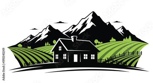 A stylized illustration of a house nestled in a rural landscape with mountains
