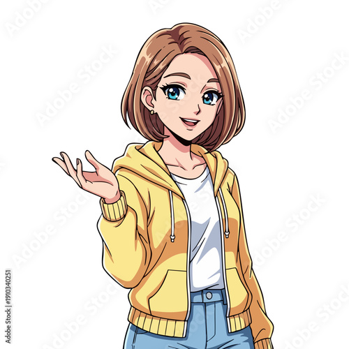 Anime girl in yellow hoodie and jeans smiling.