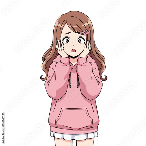 Anime Girl with Shocked Expression Wearing Pink Hoodie.