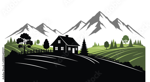 A stylized illustration depicts a cabin nestled in a mountainous landscape