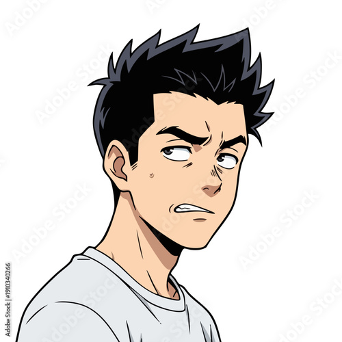 Anime style illustration of a young man with spiky black hair and a confused expression.