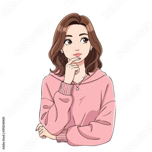 Young Woman Thinking Pensive Pose Casual Hoodie.