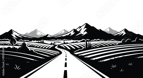 A winding road leads towards distant mountains in a graphic illustration