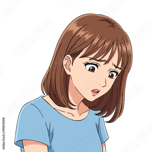 Young Woman with Short Brown Hair and Blue Shirt Expressing Concern.