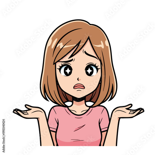 Young woman with short brown hair shrugging shoulders with confused expression.