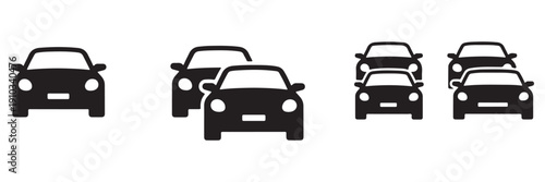 A simple, high-key illustration displays black car icons arranged in three separate groups on a white background. From left to right, the groups consist of one car, two cars, and four cars. 