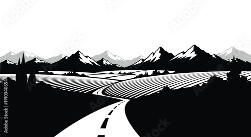 A stylized black and white landscape featuring a winding road and mountains