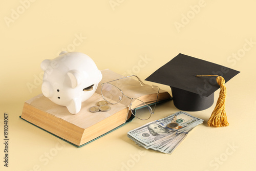 Composition with book, pigg...