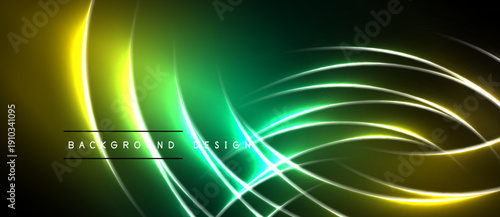 Abstract neon lines create dynamic, flowing patterns. Vivid green, yellow hues dominate dark background. Modern design element.