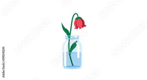 Melancholy image of a wilting red flower in a glass jar, symbolizing decay, loss, transient beauty, fragility of life, and passing moments.