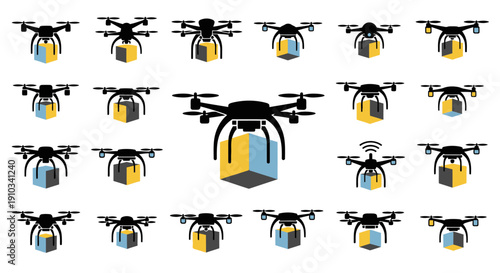 A modern drone delivery illustration featuring multiple aerial drones carrying packages in a coordinated logistics system. The clean and dynamic design represents automated shipping, smart transportat
