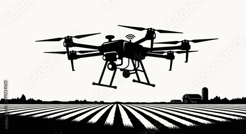 Drone Flying Over Agricultural Field Silhouette.